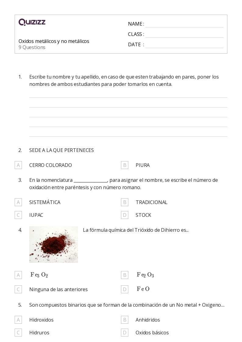 Oxidos metálicos y no metálicos - Imprimível O-básico Fichas-de-trabalho - Quizizz