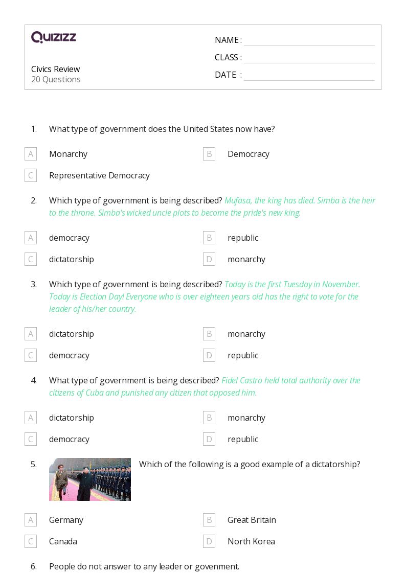 Civics Review - Printable Social-studies Worksheets Grade 7 - Quizizz