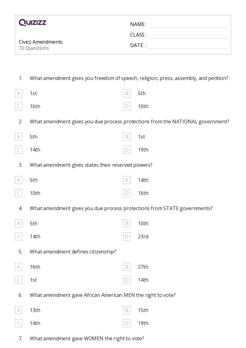 Civics Amendments - Printable Social-studies Worksheets Grade 7 - Quizizz