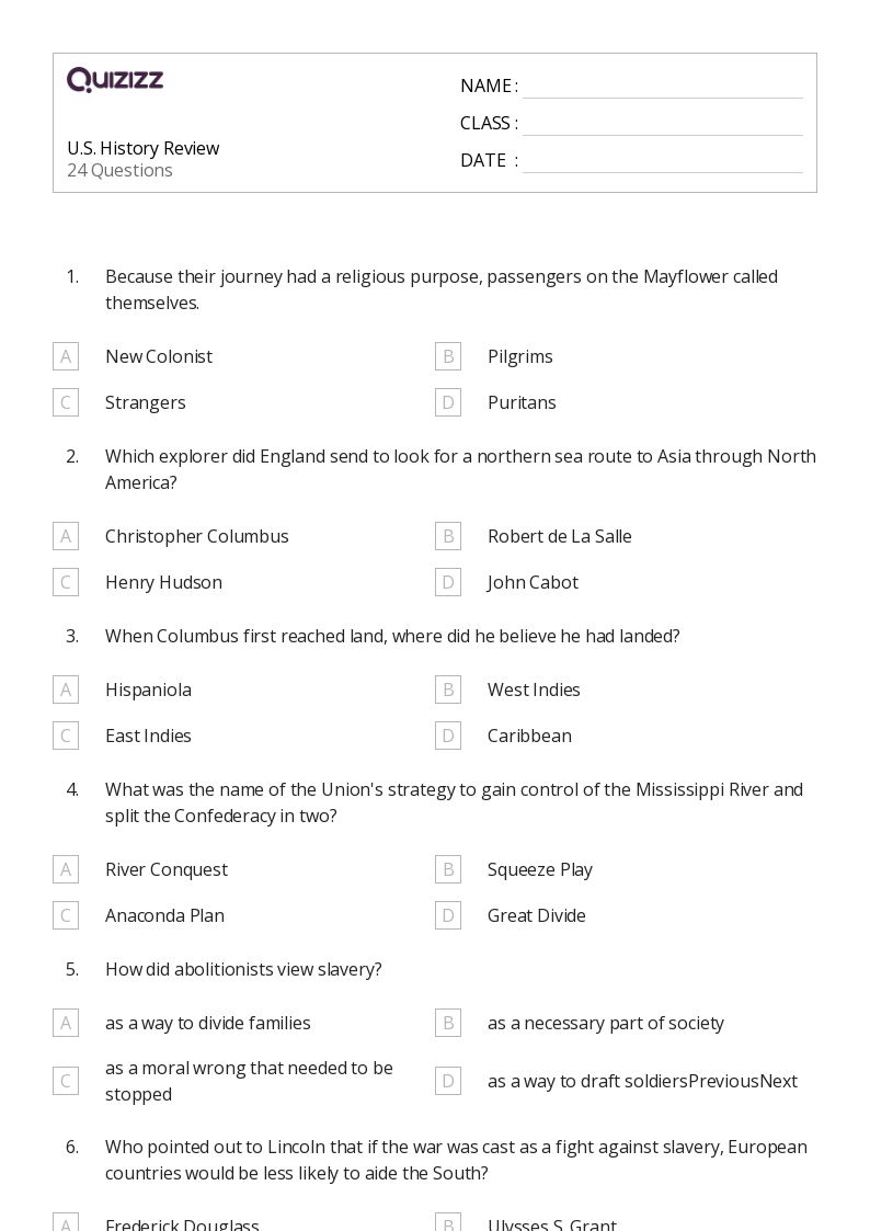 U.S. History Review - Printable Social-studies Worksheets Grade 7 - Quizizz