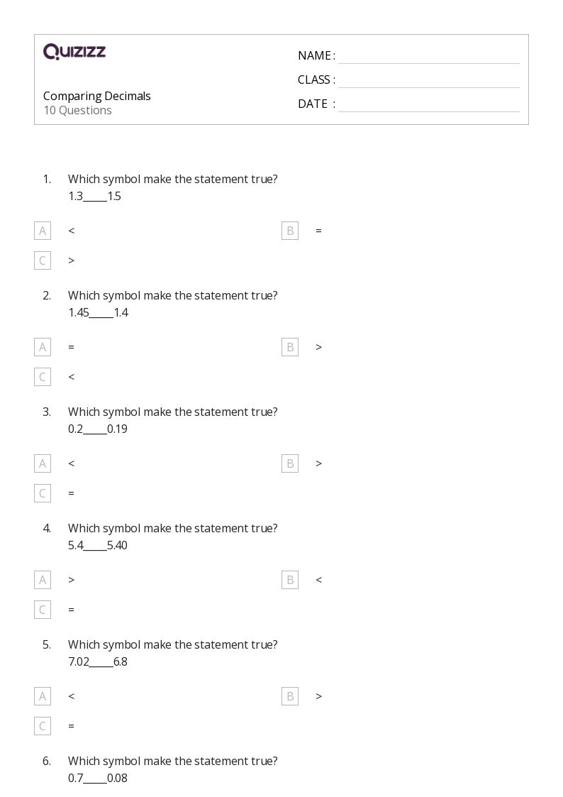 Comparing Decimals - Printable Decimal-numbers Worksheets Grade 3 - Quizizz