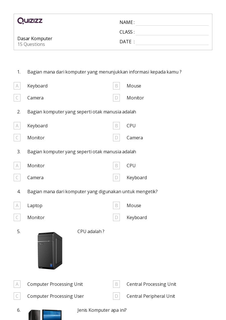 Dasar Komputer - Dapat dicetak Dasar Lembar-kerja - Quizizz