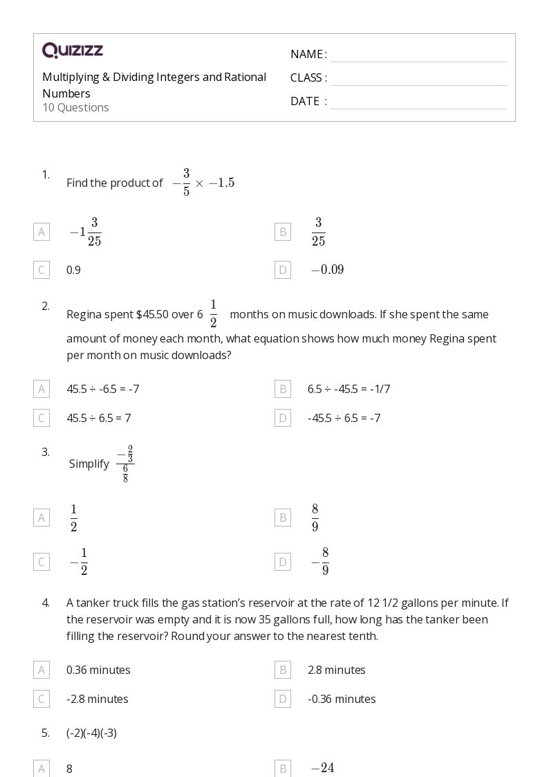 Multiplying & Dividing Integers and Rational Numbers  - Printable Integers-and-rational-numbers Worksheets Grade 8 - Quizizz