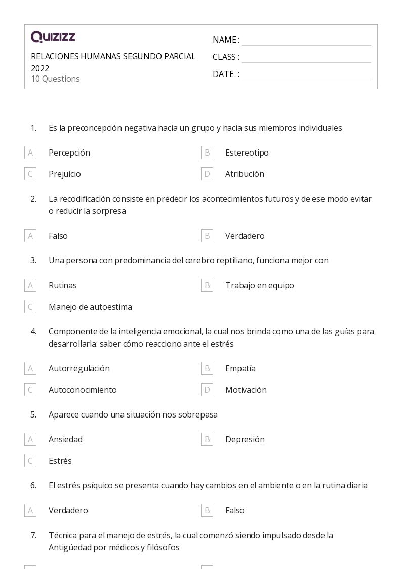 RELACIONES HUMANAS SEGUNDO PARCIAL 2022 - Printable Class 1 Worksheets - Quizizz