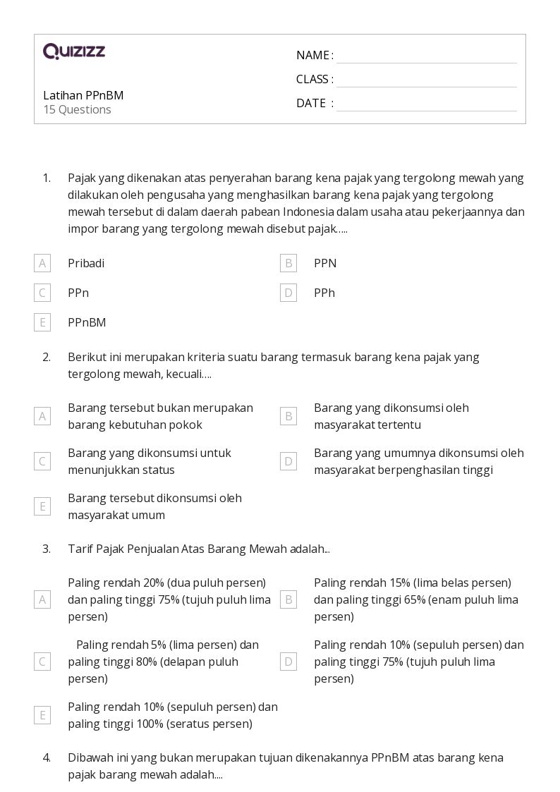 Latihan PPnBM - Dapat dicetak Persen-rasio-dan-tarif Lembar-kerja Kelas 3 - Quizizz