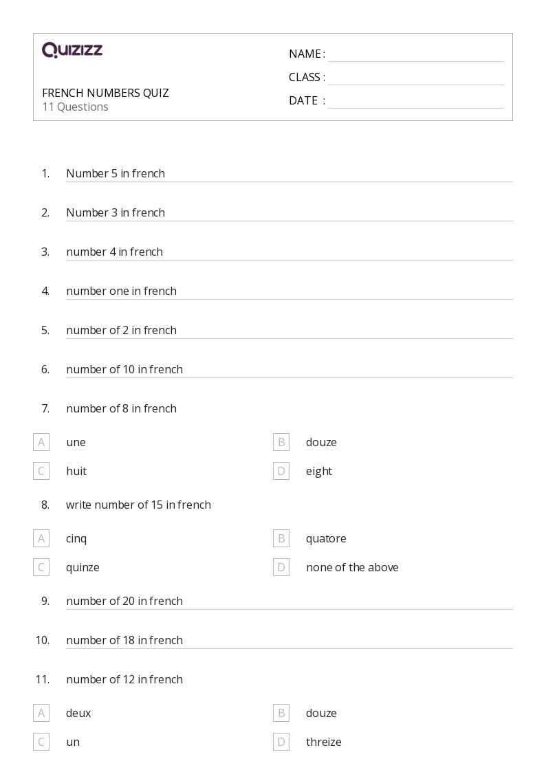 FRENCH NUMBERS QUIZ - Printable French Worksheets Class 6 - Quizizz