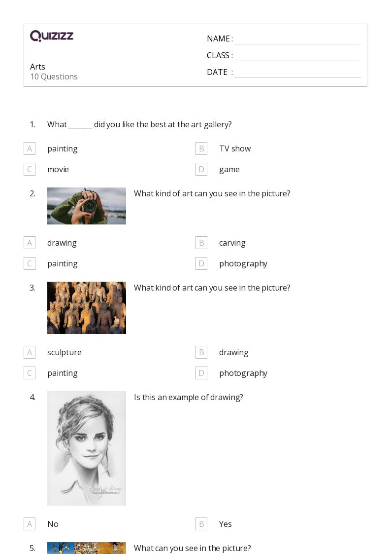 Arts - Printable Class 1 Worksheets - Quizizz