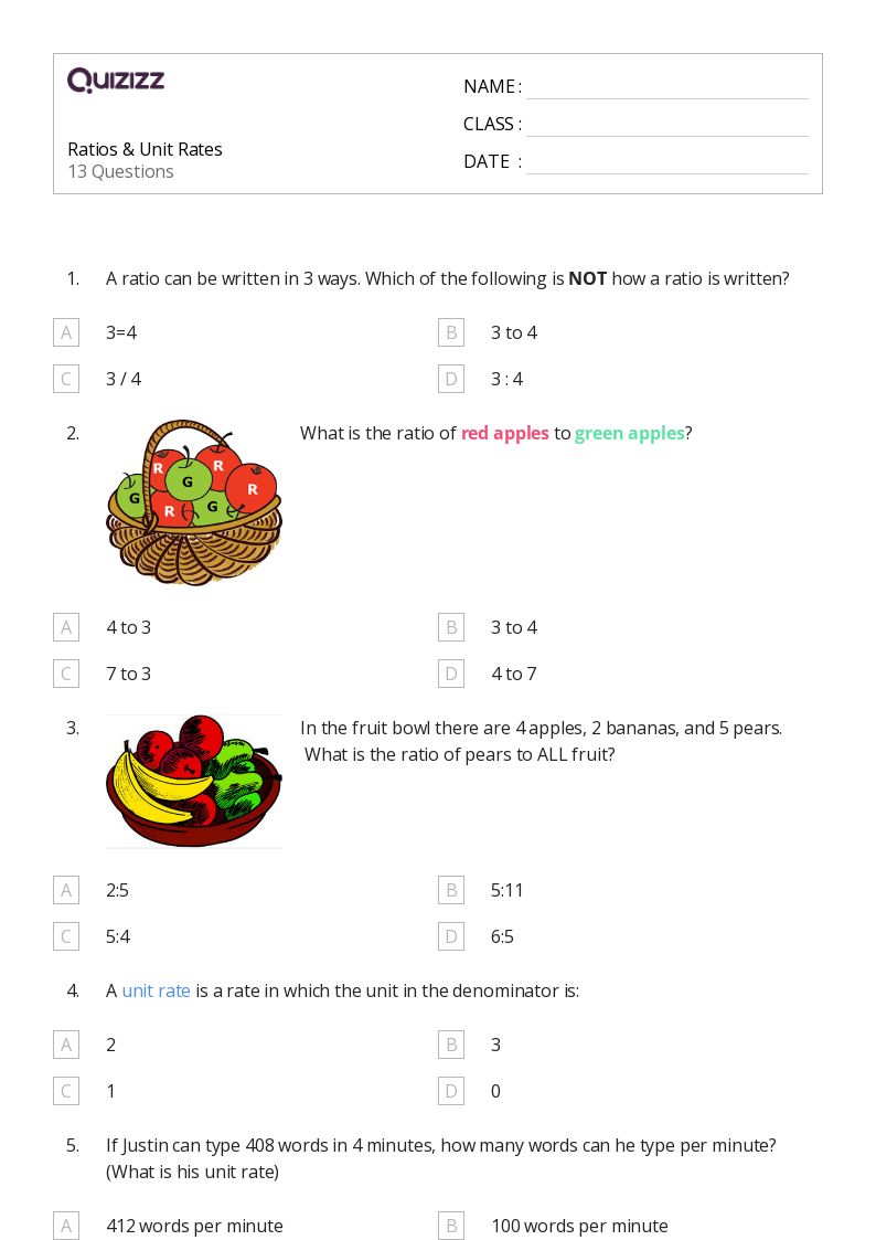 Ratios & Unit Rates - Printable Percents-ratios-and-rates Worksheets Grade 8 - Quizizz