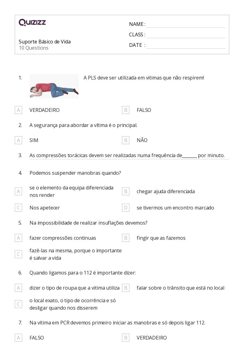 Suporte Básico de Vida - Imprimível O-básico Fichas-de-trabalho - Quizizz