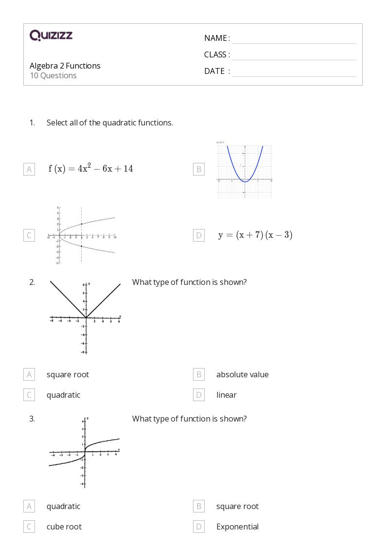 Algebra 2 Functions - Printable Math Worksheets - Quizizz