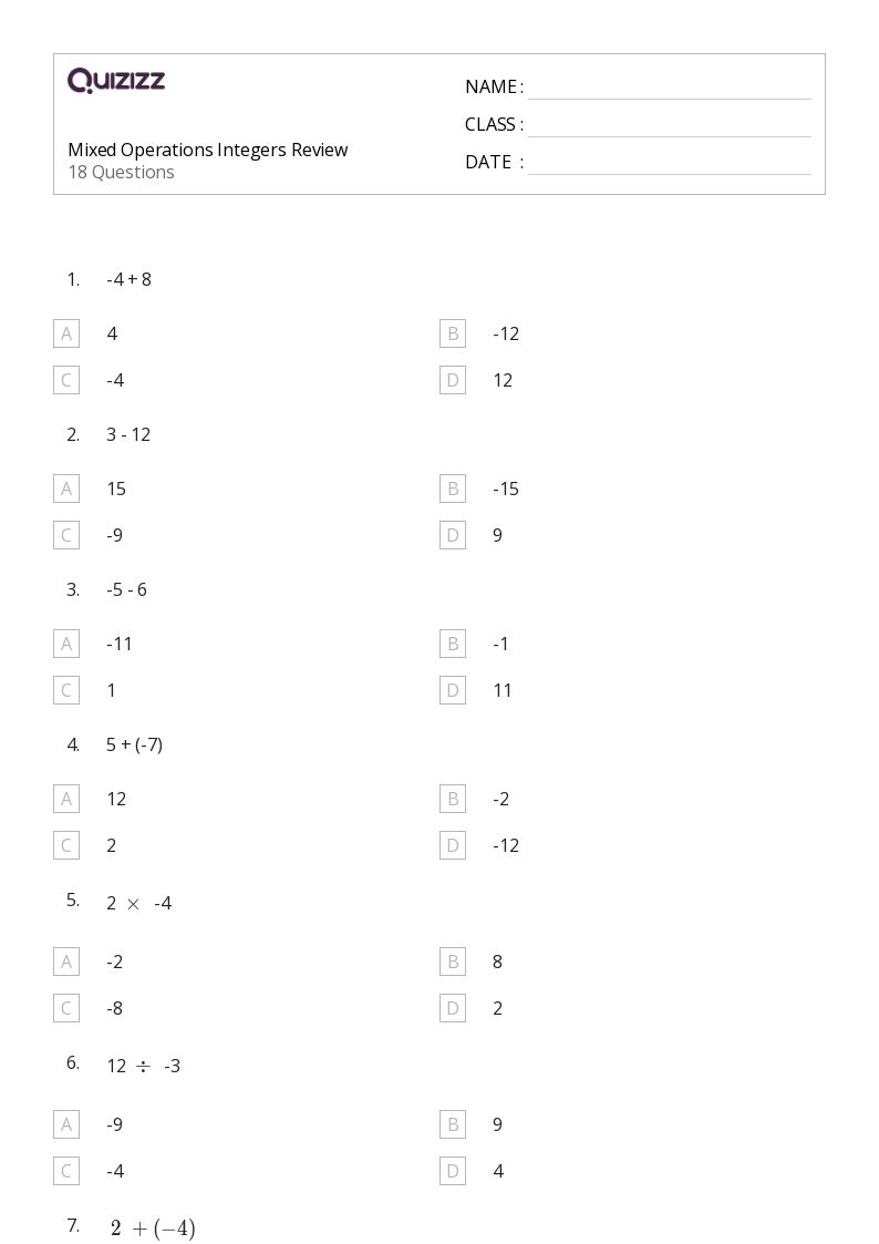 Mixed Operations Integers Review  - Printable Mixed-operations Worksheets Grade 7 - Quizizz