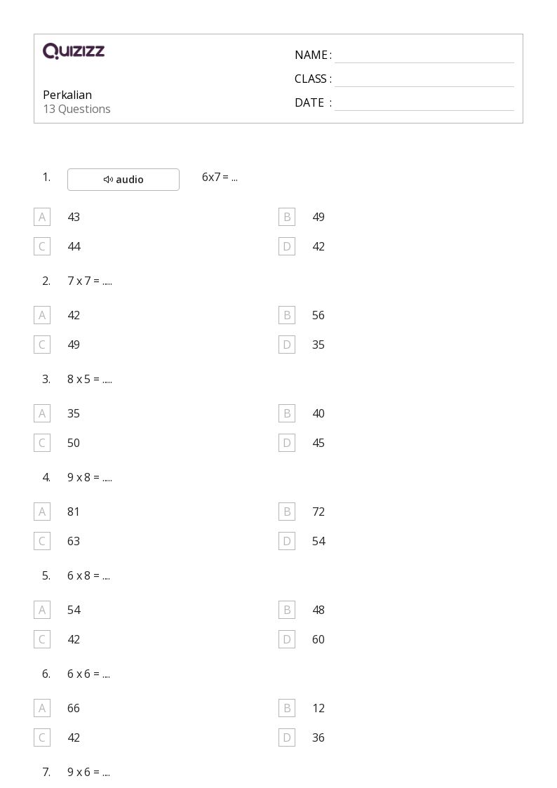 Perkalian - Dapat dicetak Sifat-perkalian Lembar-kerja - Quizizz