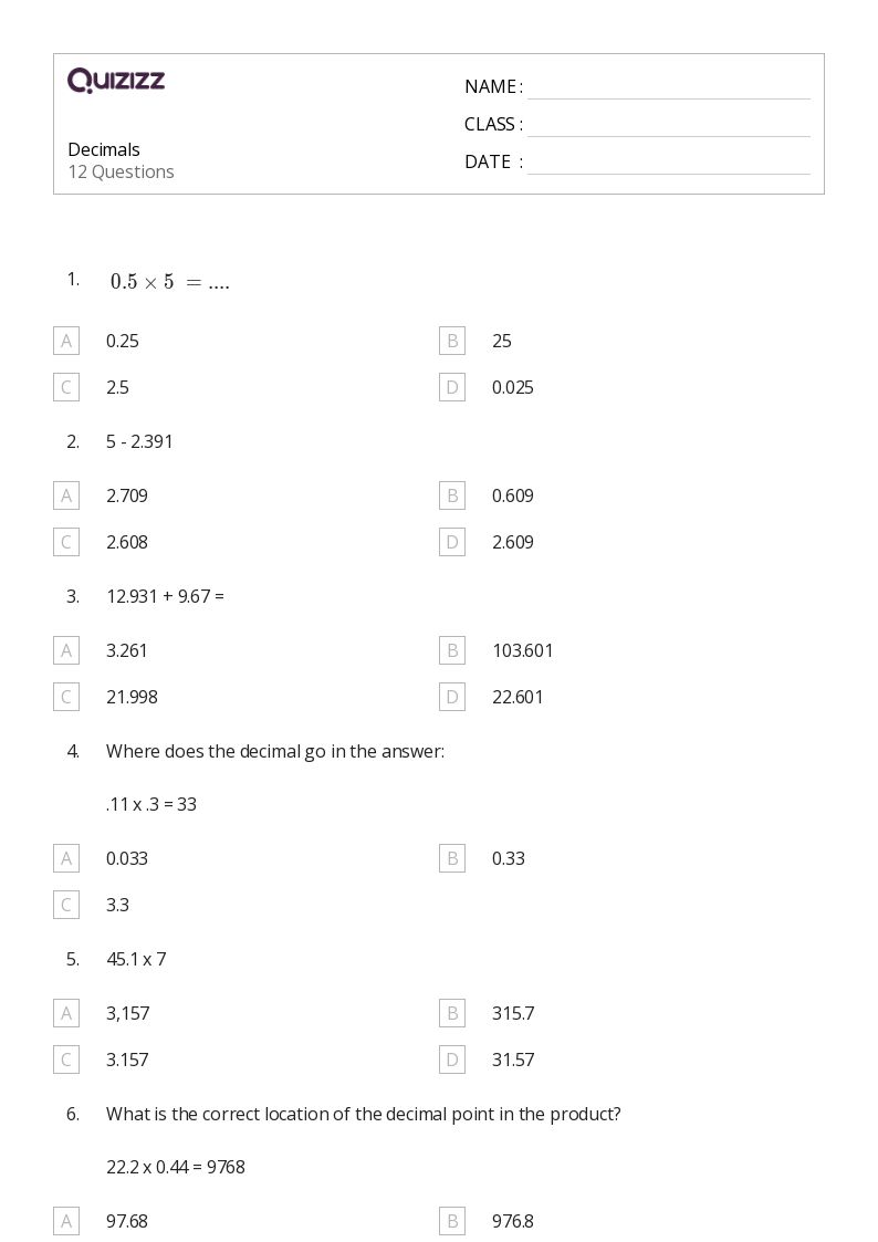 Decimals - Printable Decimal-numbers Worksheets Grade 3 - Quizizz