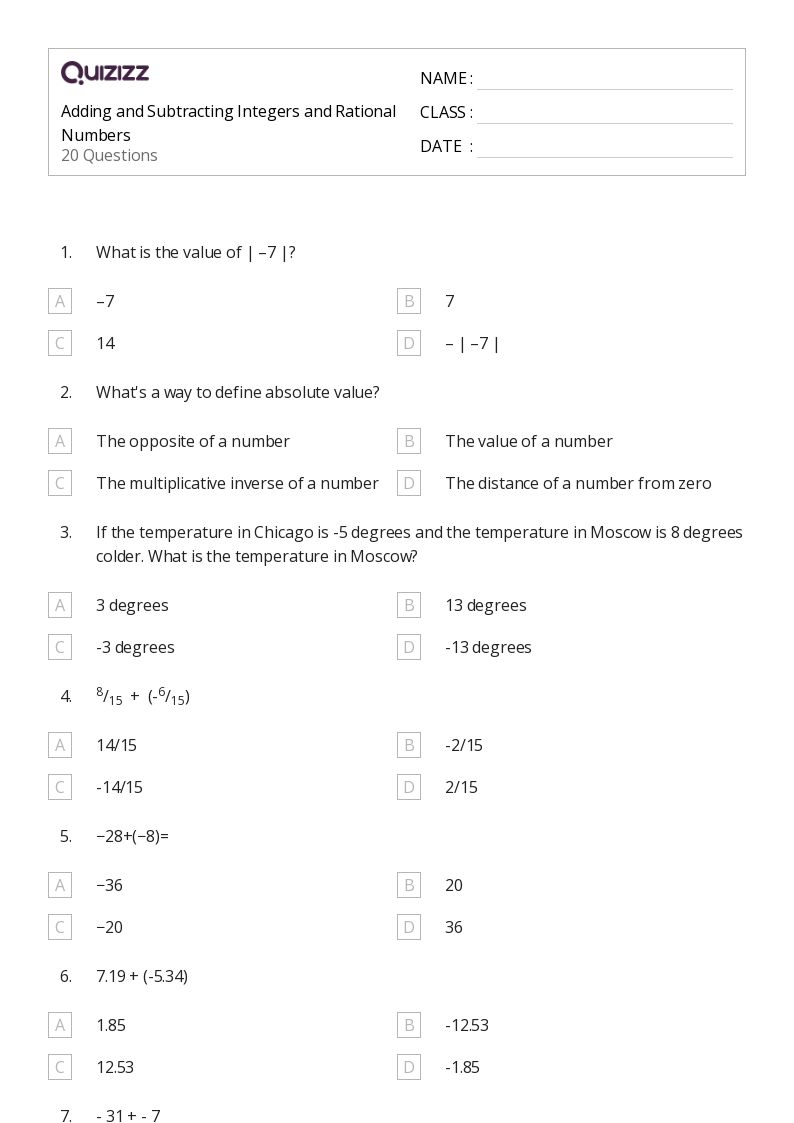 Adding and Subtracting Integers and Rational Numbers - Printable Integers-and-rational-numbers Worksheets Grade 8 - Quizizz