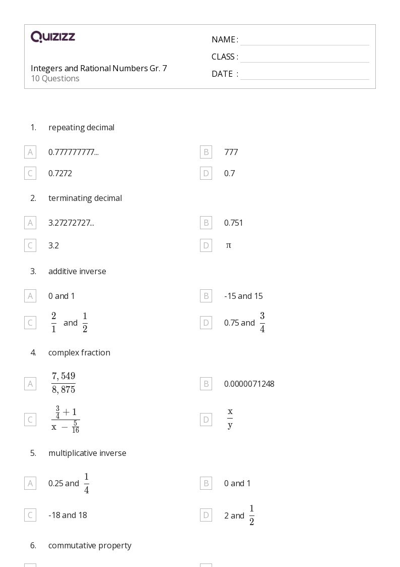 Integers and Rational Numbers Gr. 7 - Printable Integers-and-rational-numbers Worksheets Grade 8 - Quizizz