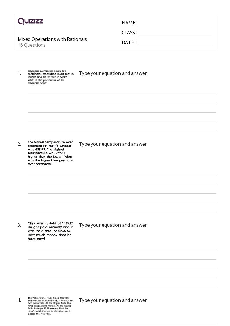 Mixed Operations with Rationals - Printable Mixed-operations Worksheets Grade 7 - Quizizz