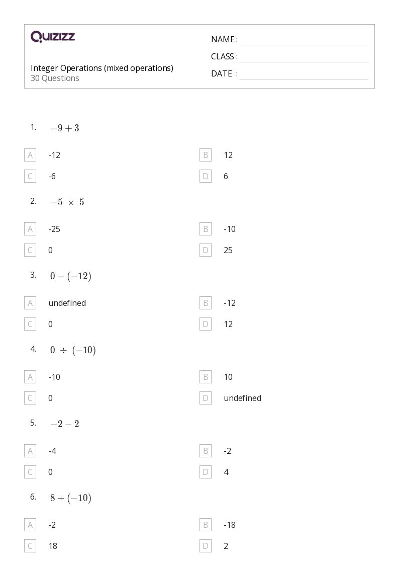 Integer Operations (mixed operations) - Printable Mixed-operations Worksheets Grade 7 - Quizizz