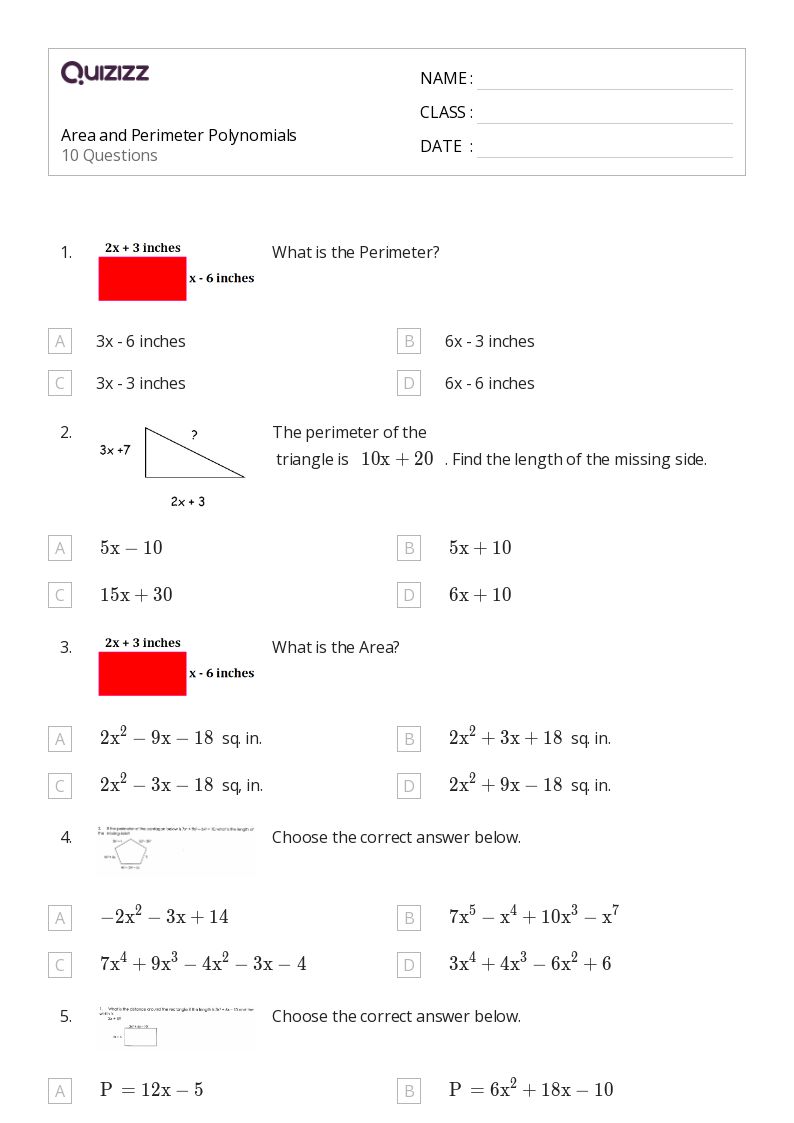 Area and Perimeter Polynomials - Printable Area-and-perimeter Worksheets Grade 9 - Quizizz