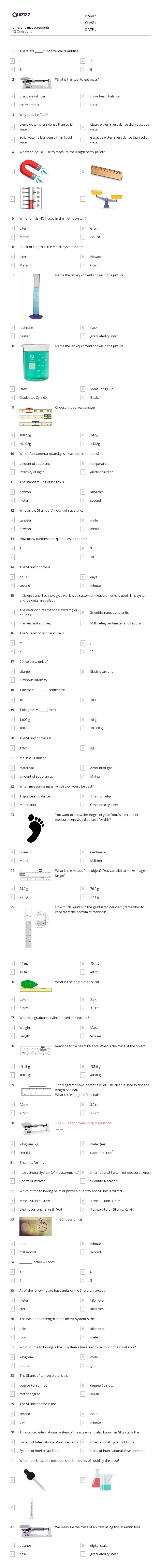 units and measurements - Printable Science Worksheets Year 8 - Quizizz