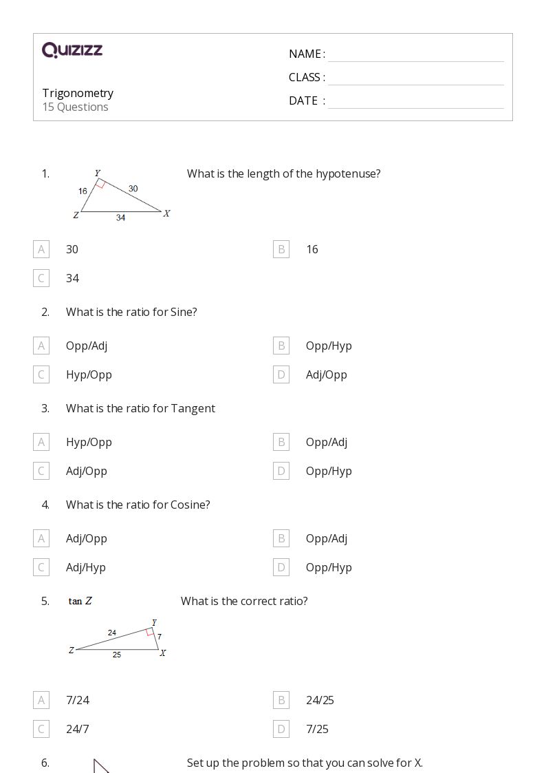 Trigonometry - Printable Trigonometry Worksheets Class 9 - Quizizz