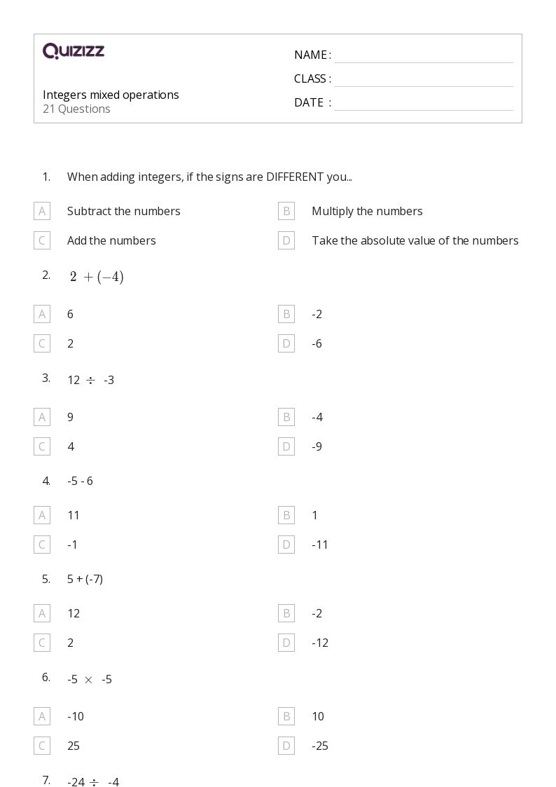 Integers mixed operations - Printable Mixed-operations Worksheets Grade 7 - Quizizz