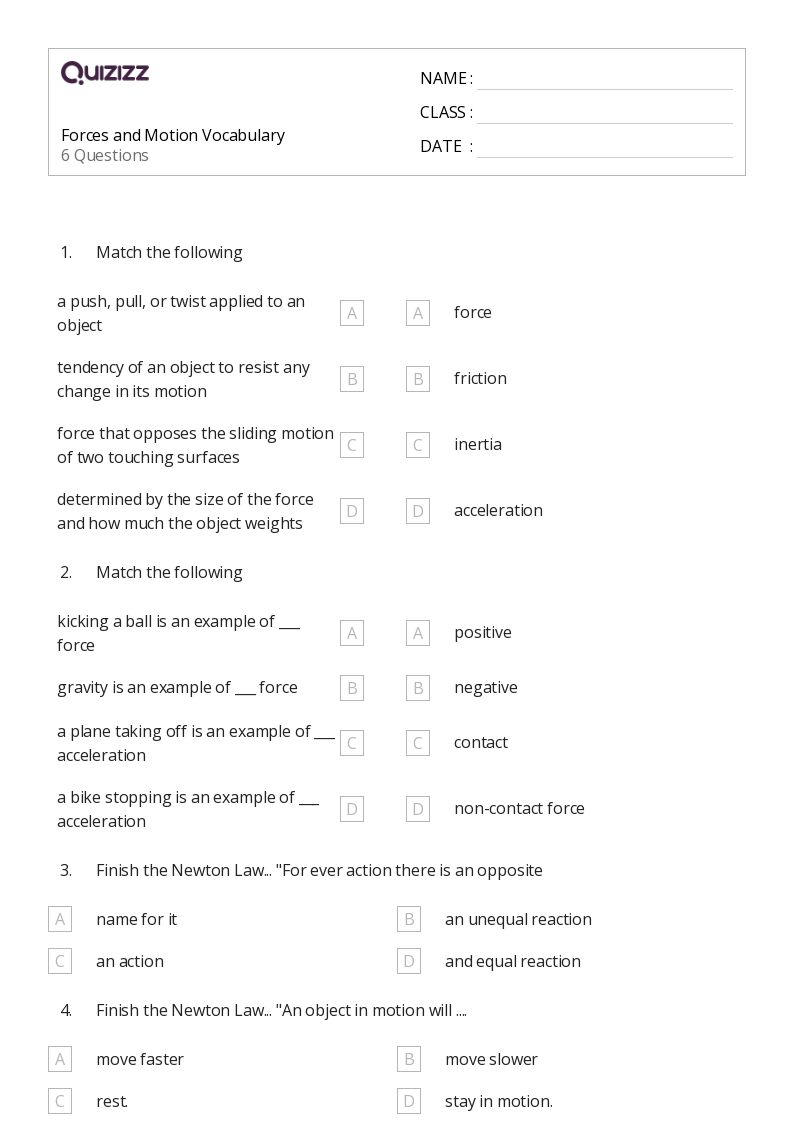 Forces and Motion Vocabulary - Imprimible Forces-and-motion Worksheets - Quizizz