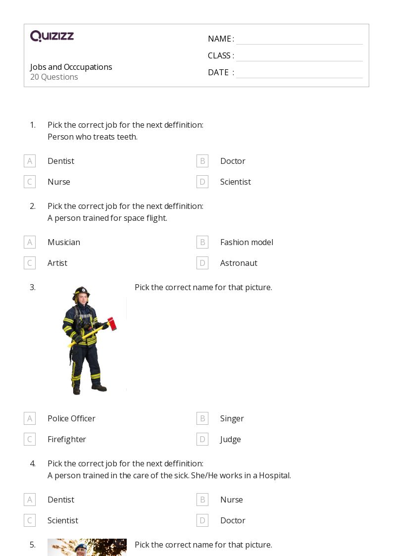 Jobs and Occcupations - Printable Class 1 Worksheets - Quizizz