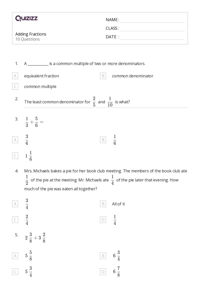 50+ Adding Fractions worksheets on Quizizz | Free & Printable