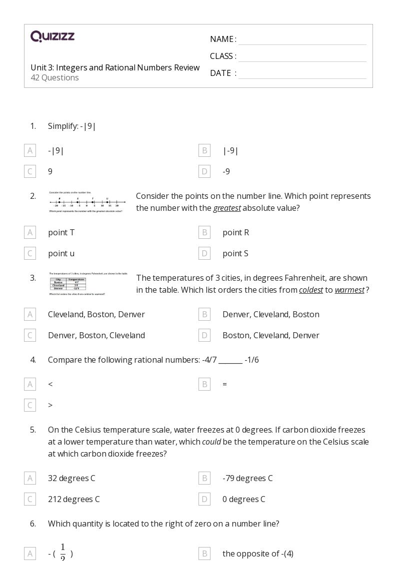 Unit 3: Integers and Rational Numbers Review - Printable Integers-and-rational-numbers Worksheets Grade 8 - Quizizz