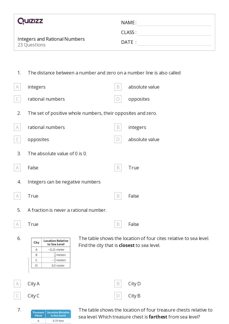 Integers and Rational Numbers - Printable Integers-and-rational-numbers Worksheets Grade 8 - Quizizz