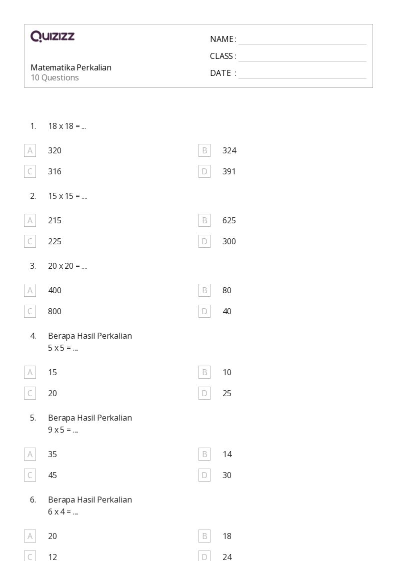 Matematika Perkalian  - Dapat dicetak Sifat-perkalian Lembar-kerja - Quizizz