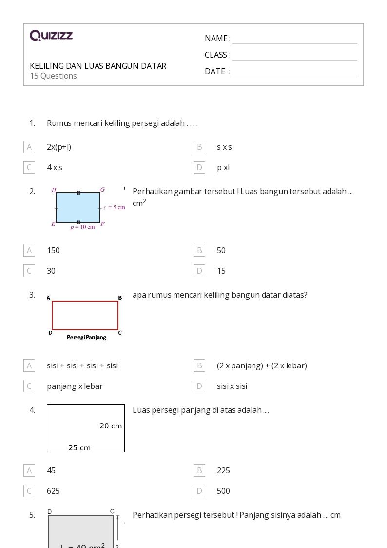 KELILING DAN LUAS BANGUN DATAR - Dapat dicetak Luas-dan-keliling Lembar-kerja Kelas 9 - Quizizz