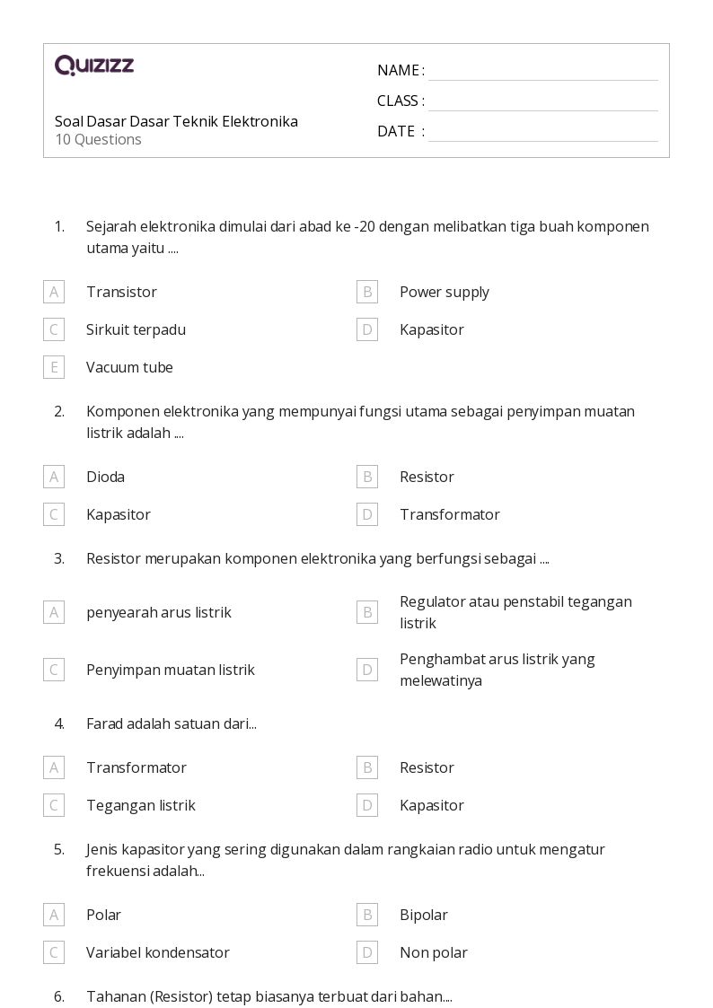 Soal Dasar Dasar Teknik Elektronika - Dapat dicetak Dasar Lembar-kerja - Quizizz