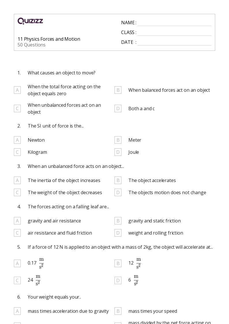 11 Physics Forces and Motion - Imprimible Forces-and-motion Worksheets - Quizizz