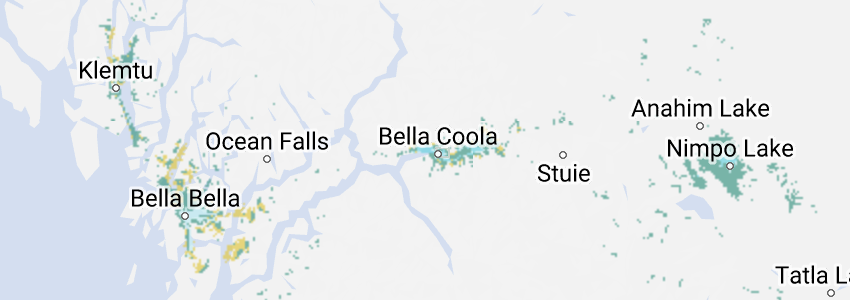 Bell coverage map of western Cariboo