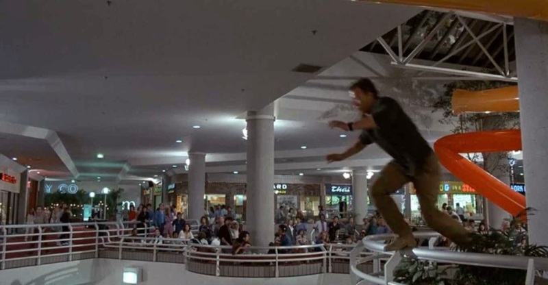 A scene from the movie Commando filmed at Sherman Oaks Galleria