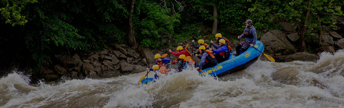 a group of rafters dipping down into a rapid while paddling