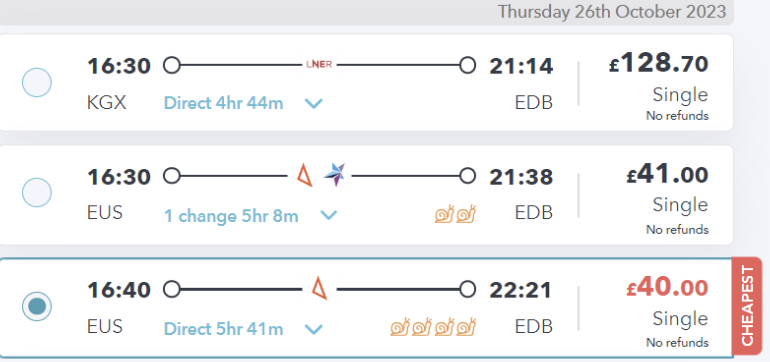 peak london to edinburgh train fares on railsmartr site