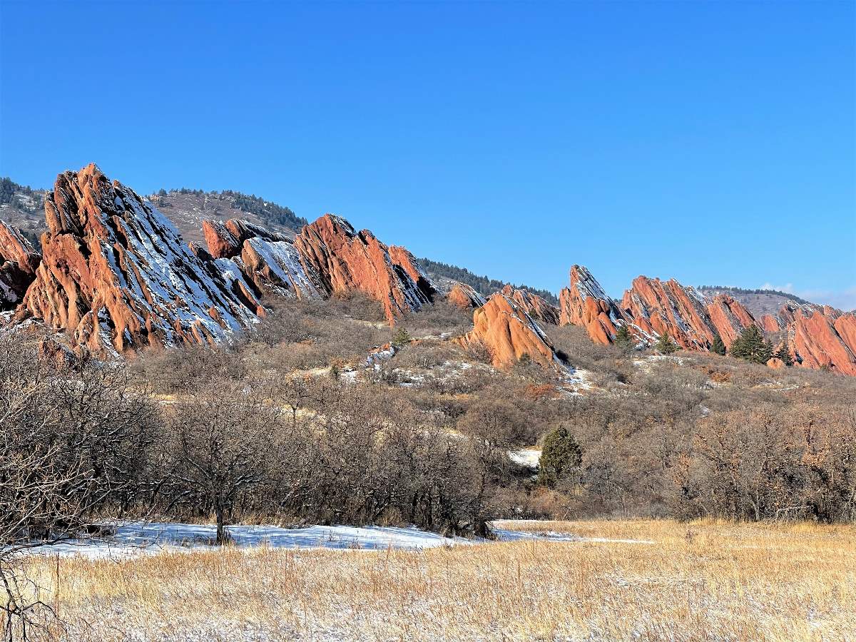 red rocks with snow