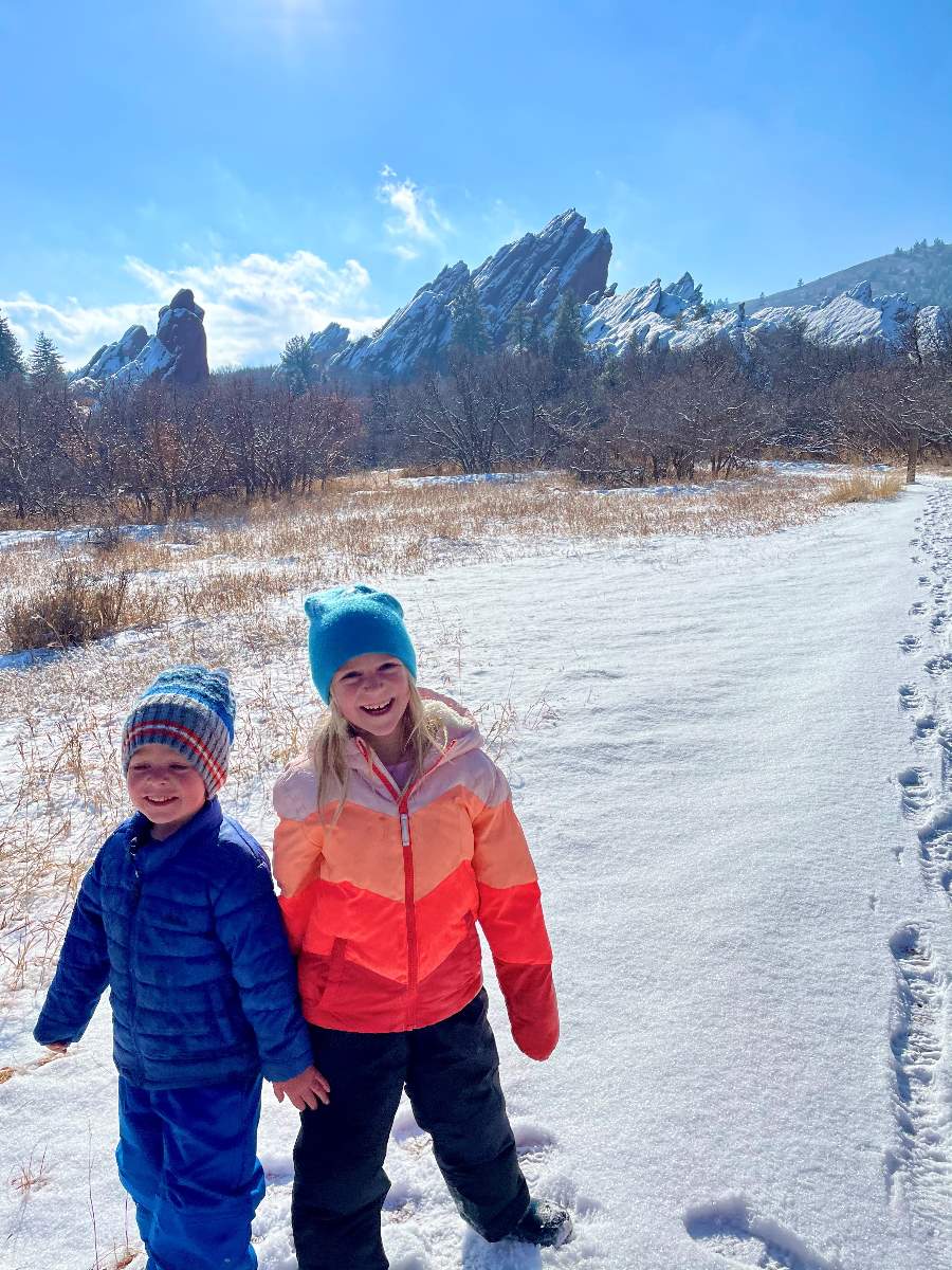 kids on snowy hike in Roxborough