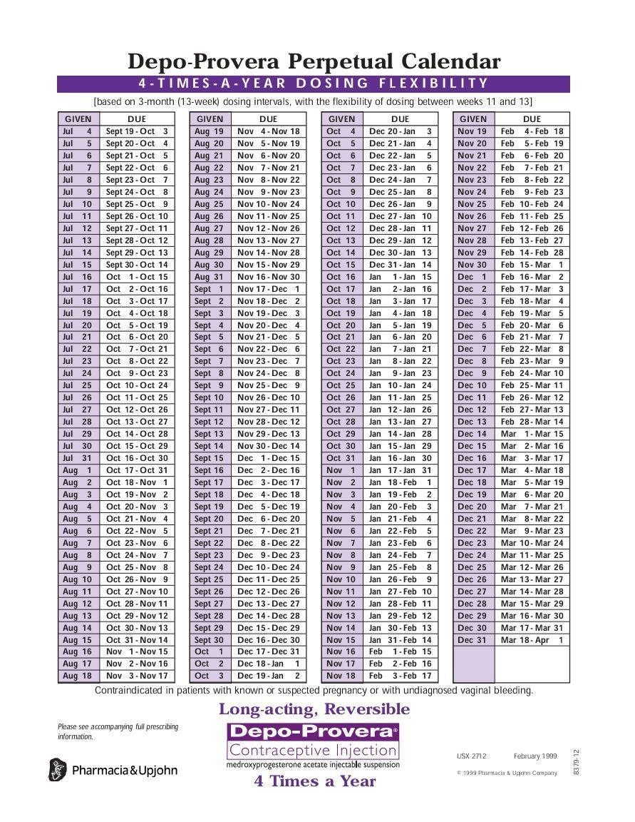 Depo Provera Calendar | Kostilka | Printable Calendar  Depo Dosage Schedule