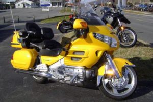 Bright yellow Honda Goldwing GL1800 Touring Motorcycle side view