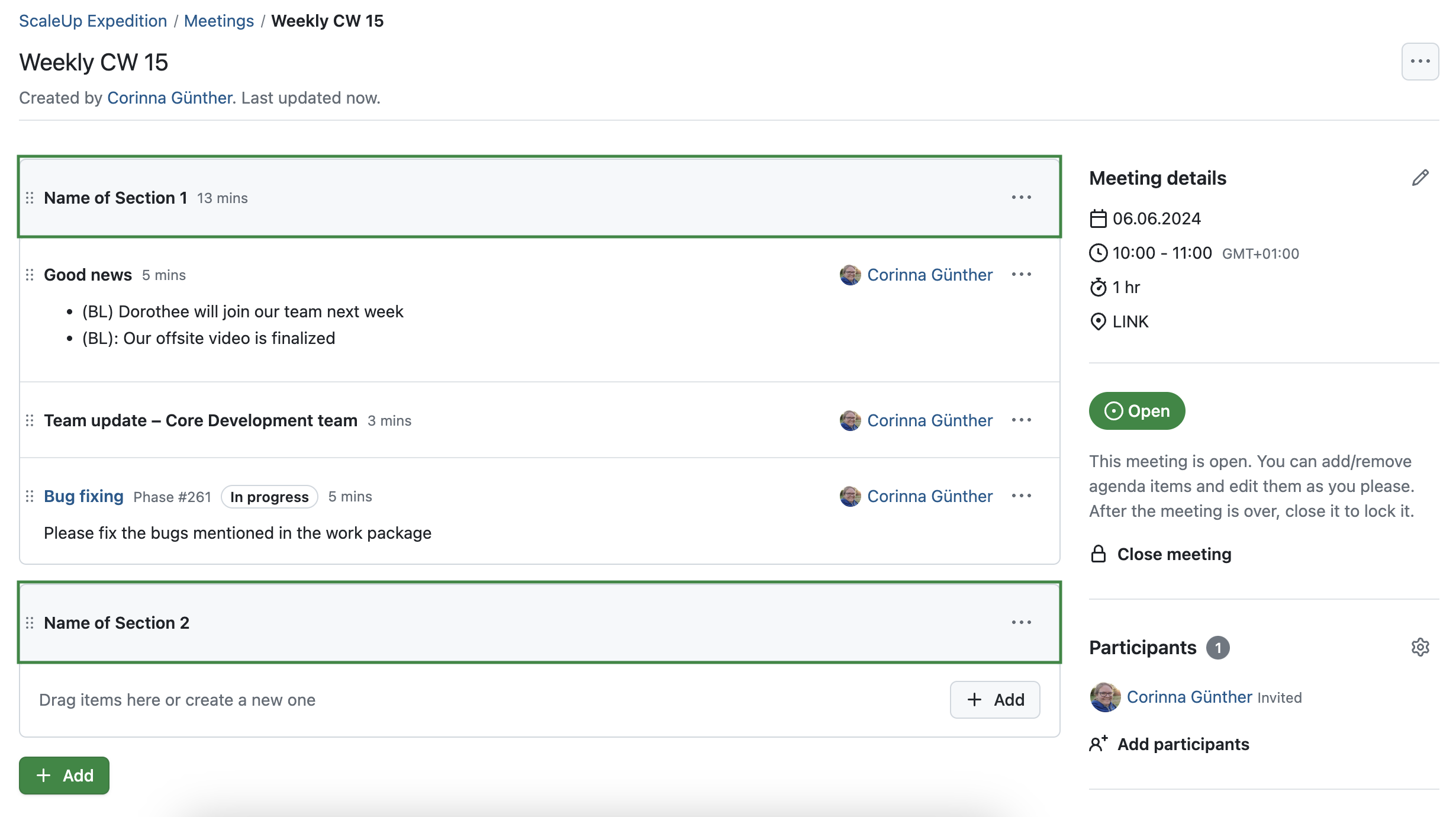 OpenProject's Meetings module, separated in sections