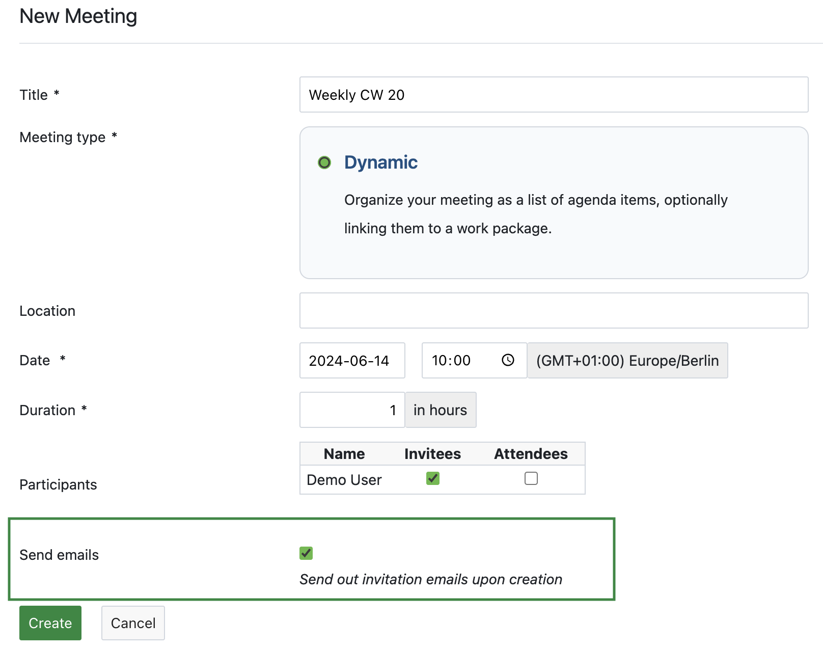 Checkbox on OpenProject's Meetings module to send emails upon creating a new meeting