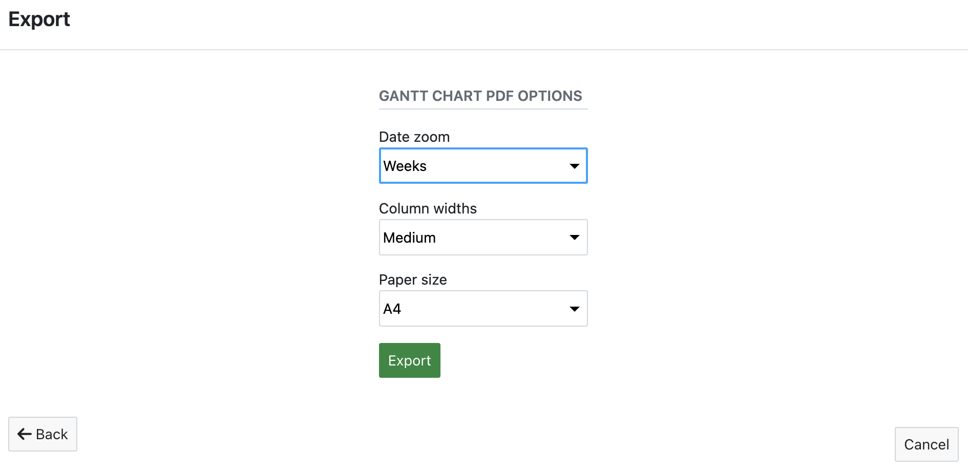 Screenshot of the Gantt chart PDF export, weeks selected as date zoom