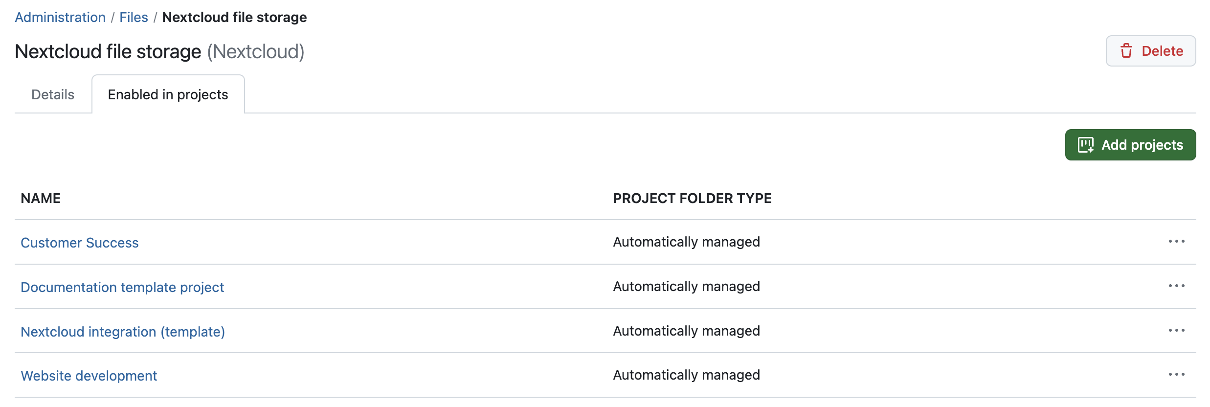 Example screenshot of the admin page of a Nextcloud file storage, showing the 'Enabled in projects' tab