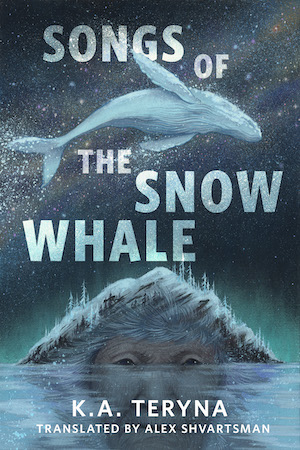 An illustration of a starlit whale leaping over an island that also forms the top of an older person's face reflected in the water.