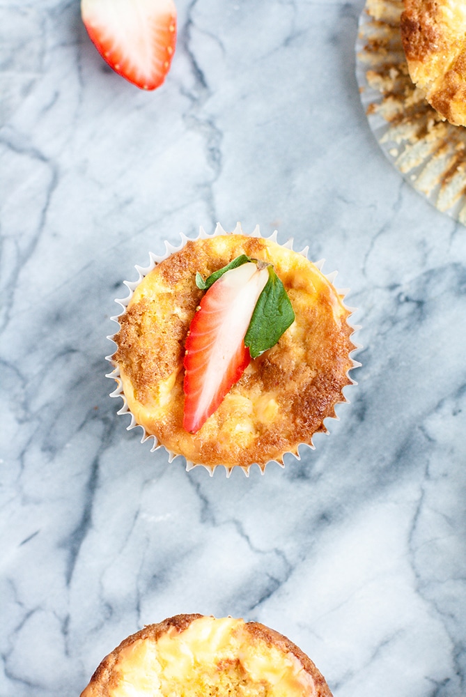 overhead shot of one strawberry cream cheese muffin