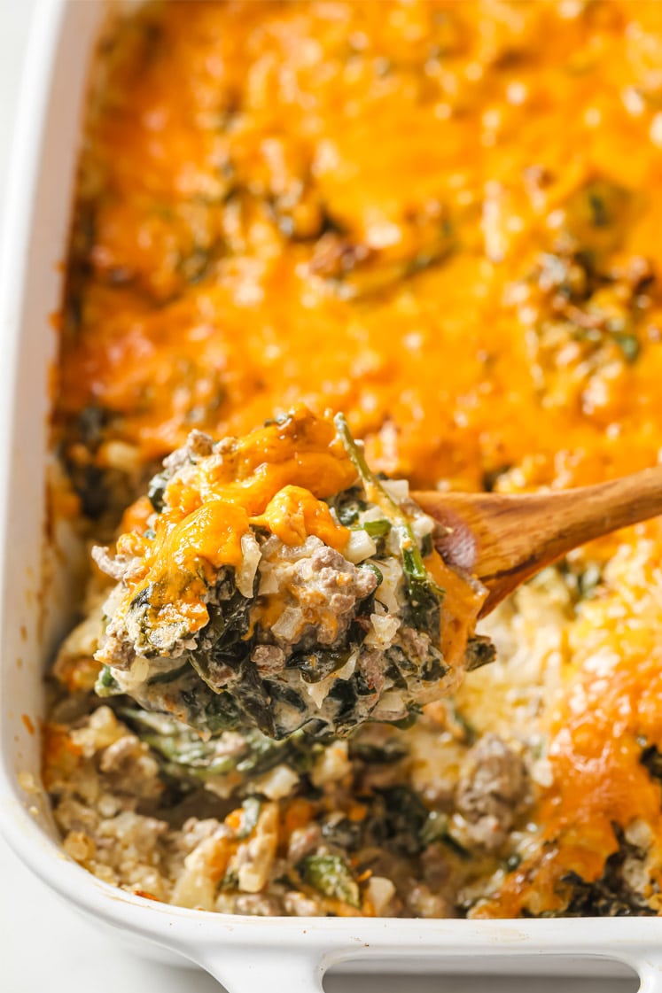 Cheesy Beef Casserole with Cauliflower Rice and Spinach