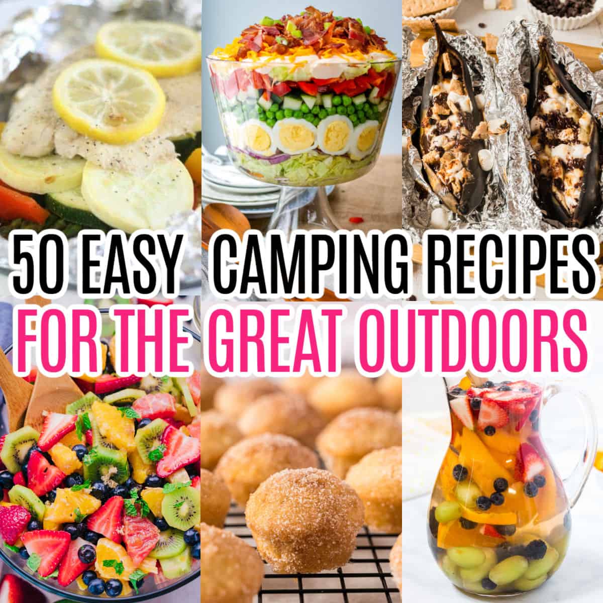 square collage of 6 camping recipes with round up title in the center